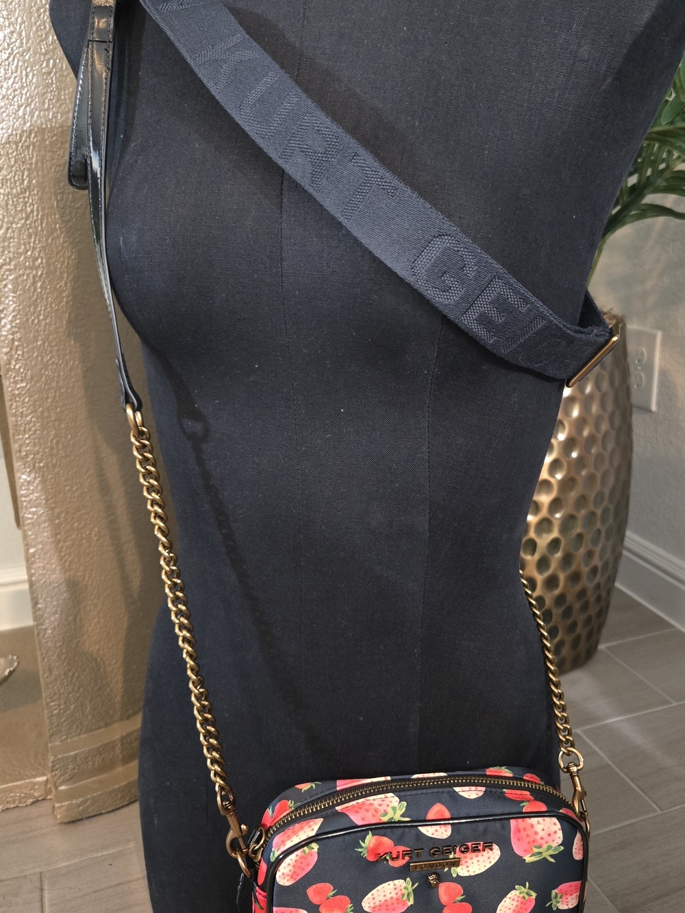 Kate Spade Navy Blue Crossbody with Strawberry Print and Gold Chain Strap